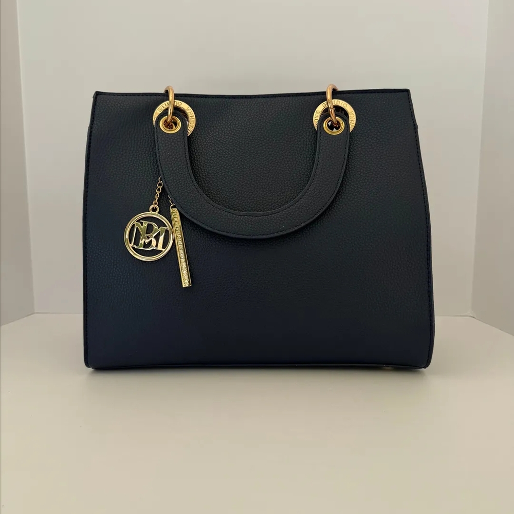 Badgley Mischka Navy Blue Tote Satchel with Gold Accents and Structured Design